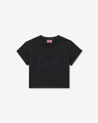 Broderad kort T-shirt i bomull med ”Kenzo Signature”
