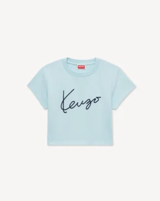 Broderad kort T-shirt i bomull med ”Kenzo Signature”