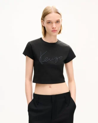 Broderad kort T-shirt i bomull med ”Kenzo Signature”