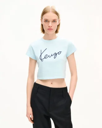 Broderad kort T-shirt i bomull med ”Kenzo Signature”