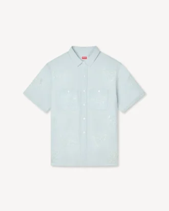 ”Kenzo Cartoon” broderad kortärmad skjorta i stone bleach-chambray