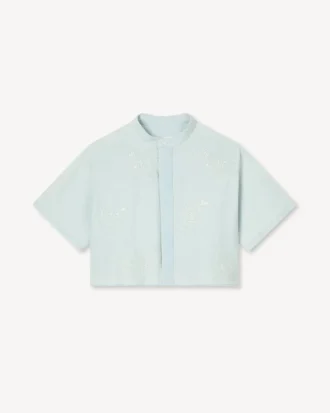 ”Kenzo Cartoon” broderad kortärmad skjorta i stone bleach-chambray
