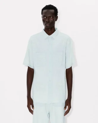 ”Kenzo Cartoon” broderad kortärmad skjorta i stone bleach-chambray