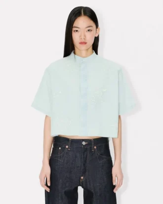 ”Kenzo Cartoon” broderad kortärmad skjorta i stone bleach-chambray